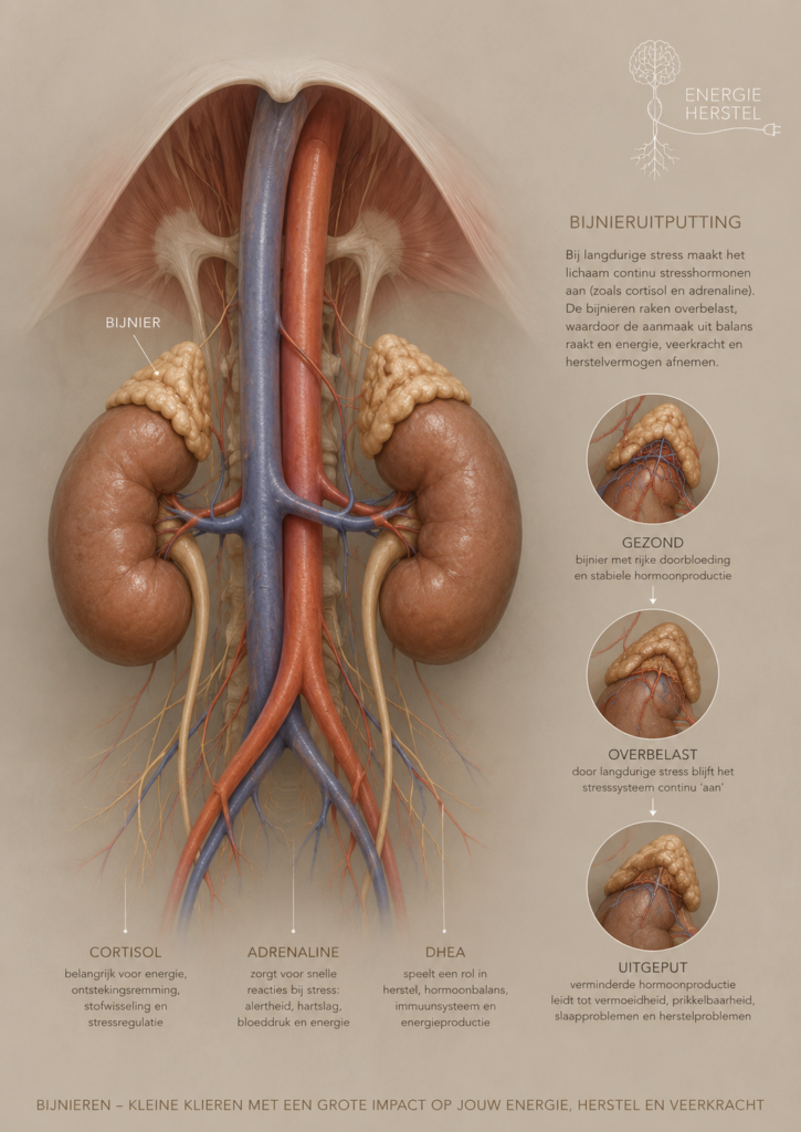 Fotorealistische anatomische illustratie van de bijnieren boven de nieren met bloedvaten en zenuwen. Educatieve afbeelding over de rol van de bijnieren, stresshormonen en herstel van het zenuwstelsel. Deze anatomische illustratie laat de ligging van de bijnieren boven de nieren zien, inclusief de omliggende bloedvaten en zenuwen. De afbeelding ondersteunt informatie over de rol van de bijnieren binnen de stressrespons, de aanmaak van hormonen zoals cortisol, adrenaline, noradrenaline en aldosteron en de invloed van langdurige stress op het lichaam. De illustratie is ontwikkeld voor Energie Herstel en maakt deel uit van een serie anatomische afbeeldingen over het zenuwstelsel, stress en herstel.