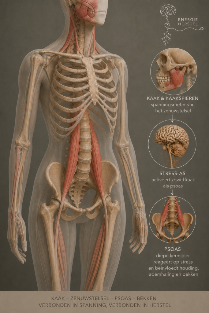 Anatomische visualisatie van de samenhang tussen kaakspieren, zenuwstelsel, psoas, houding en bekken.