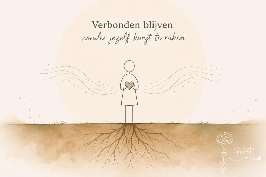 Illustratie van een persoon met diepe wortels die symbool staat voor zenuwstelselherstel, stressregulatie, emotionele veerkracht en verbonden blijven zonder jezelf kwijt te raken.